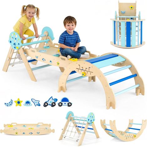 COSTWAY 8 en 1 Triangle descalade Enfant Pliable sur Thème Planètes avec Rampe & Filet, Arc descalade Montessori en Bois Hêtre avec 2 Voitures & Labyrinthe, Aire de Jeux Intérieur pour 1 an+ (1/5)