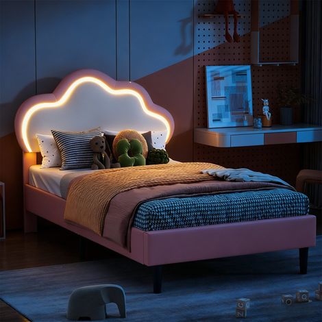 Lit enfant 90x200 cm avec tête de lit nuage, hauteur réglable, LED intégrée, similicuir rose (1/5)