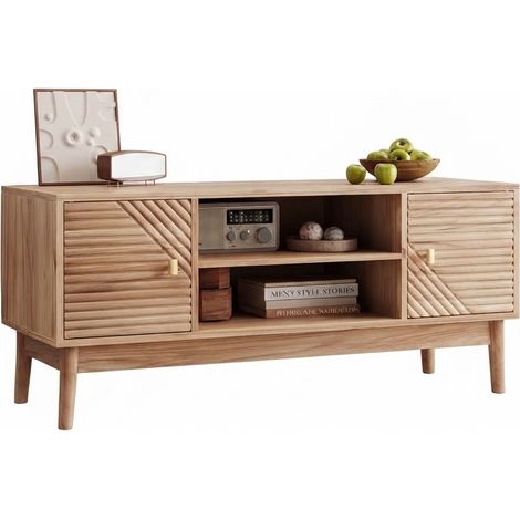 ELVMI Mueble TV con 2 Puertas, 2 Huecos, Pasacables y Cierre Suave, en MDF, 110×40×48 cm, Roble (1/5)