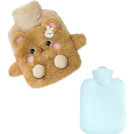 Bolsa de agua caliente portátil con funda extraíble y lavable, apta para niños y adultos, que alivia rápidamente el dolor (diseño de oso pardo).