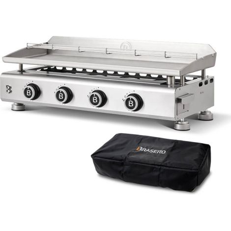BRASERO BY FAVEX - Plancha gaz Silvia IIG Evo Inox 4 feux – 10,6 kW – Plaque inox 5 mm – Surface 84 x 34 cm – Chaleur homogène Stable Flame – 12 convives - Housse incluse – Certifiée LONGTIME®