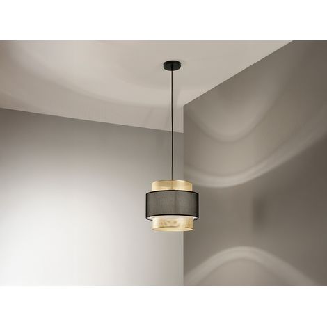 LED Hängelampe einflammig, Metall Gold mit Stoffblende Schwarz, Ø 35cm
