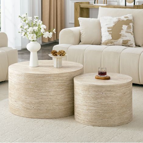 Table basse gigogne ronde avec rangement, lot de 2, MDF aspect bois, couvercle amovible, HAVRYA (1/5)