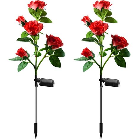 Dos luces decorativas LED solares para jardines, con diseños que simulan rosas (rojas - 5 cabezas de rosa). (1/4)