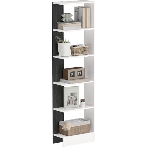 Bibliothèque moderne en bois à 5 niveaux, gain de place, 45 x 21 x 170 cm, noir et blanc pour rangement de livres, documents et objets décoratifs idéal pour salon, chambre à coucher ou bureau (1/5)