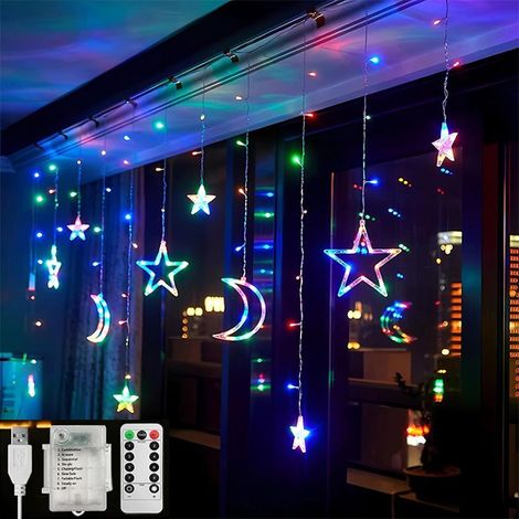 Rideaux lumineux de Noël intérieur, 12 rideaux lumineux lune et étoiles, 3.5m Guirlande lumineuse décorative de Noël,Multicolore (1/5)