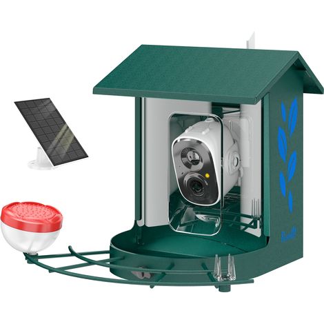 Mangeoire intelligent pour oiseaux avec caméra HD 2K, coque en acier anti-écureuil, panneau solaire, 30 x 34,5 x 26,3 cm, vert (1/5)