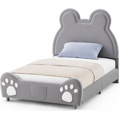 Letto Bambino, Letto Singolo Imbottito a Forma di Orso 90 × 200 cm, senza Materasso, Velluto, Grigio (1/5)