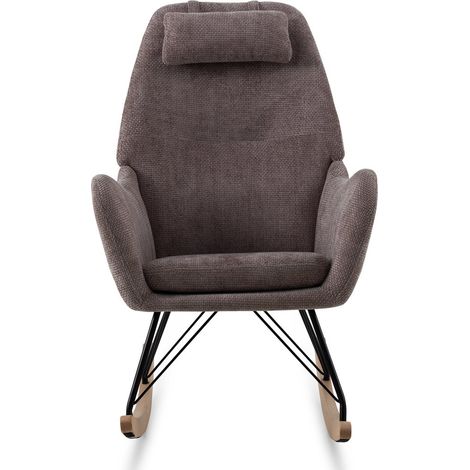 Fauteuil à bascule recouvert de chenille marron, pieds en métal et base en hêtre (1/5)