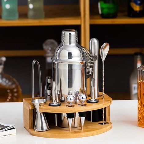Coffret à cocktails 750 ml, shaker 12 pièces en acier inoxydable avec support en bois, accessoires de barman professionnels, comprenant un double doseur, une cuillère doseuse, un bec verseur et un bar (1/5)