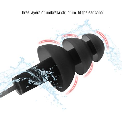 Bouchons d'Oreilles en Silicone Souple pour Natation, Protection Aquatique Anti-Bruit avec Attache (Noir) (1/4)