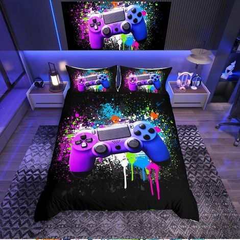 Parure 3 pièces pour lit 2 Places incluant Une Housse de Couette, avec imprimé coloré tie-Dye de manettes de Jeux, pour garçons (1/5)