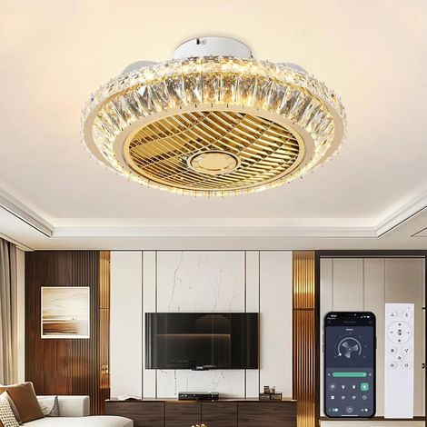 Ventilateur de plafond en cristal avec éclairage LED, plafonnier LED moderne 72W à intensité variable, vitesse de ventilation réglable. (1/5)