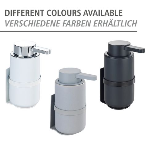 WENKO Wand Seifenspender Woya, Schwarz, Keramik-Seifenspender, 250 ml, Schwarz, Keramik schwarz, Kunststoff (ABS) schwarz, pulverbeschichtetes Metall schwarz