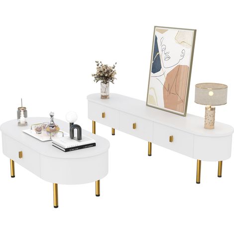 CAIziEnsemble léger de luxe table basse et meuble TV pour salon, avec tiroirs, angles arrondis