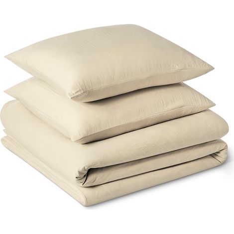 Parure de Lit 2 Personnes 3 Pièces en Microfibre Prélavée, Extra Douce avec Effet Froissé Naturel, sans Repassage, Housse de Couette 240 x 220 cm et 2 Taies d'oreiller 65 x 65 cm, Beige (1/5)