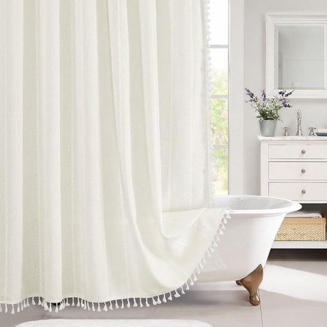 Rideau de douche blanc Longziming 90x180 – Style bohème champêtre – Chic bohème – Lin polyester, pompons – Salle de bain rustique chic (1/5)