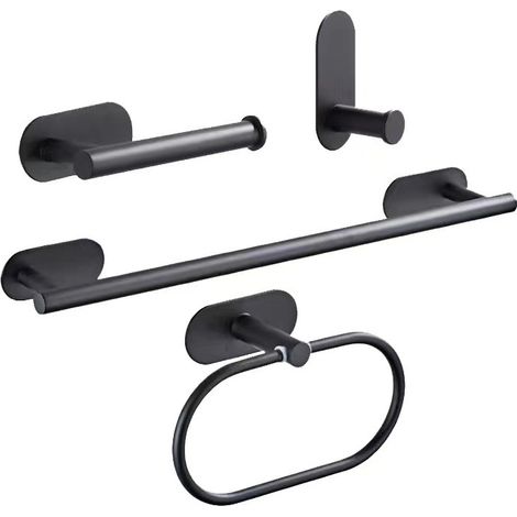 Ensemble d'accessoires de salle de bain noirs, porte-serviettes sans perçage en 4 pièces, anneaux porte-serviettes en acier inoxydable noir, porte-papier toilette adhésif