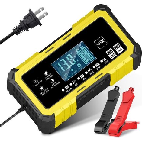12 V 15 A / 24 V 8 A JauneChargeur à impulsions 12 V 15 A / 24 V 8 A, chargeur de batterie lithium-fer-phosphate 14,6 V 15 A pour motos et voitures, compatible avec les batteries au plomb-acide (1/4)