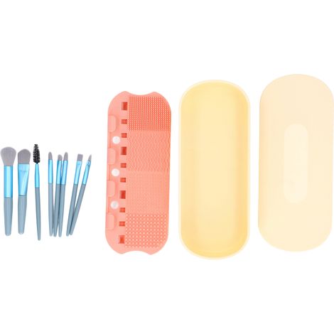 Boîte de rangement 3 en 1 en silicone jaune avec tapis de nettoyage et séchage pour pinceaux de maquillage, comprenant 8 pinceaux. (1/5)