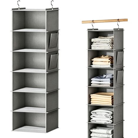 Organisateur suspendu - Organisateur de porte et mural - Organisateur de rangement suspendu à 6 compartiments - Organisateur de penderie - Sac en tissu pliable - 30 cm x 30 cm x 120 cm - Gris - Convie (1/5)