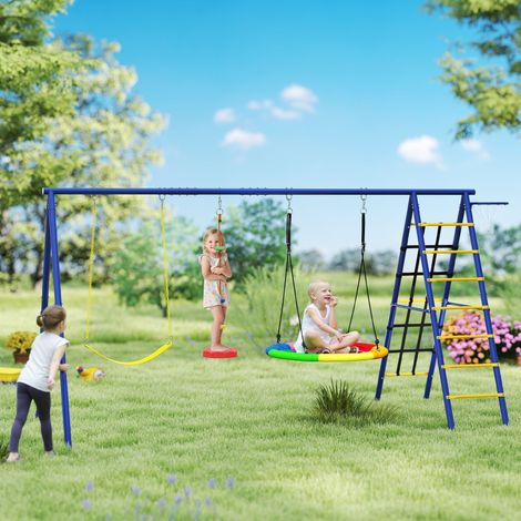 Parque infantil para niños de 3 a 8 años con 3 columpios, escalera de cuerda y canasta de baloncesto, en acero, PE y PP, 3,5 x 1,8 x 2 m