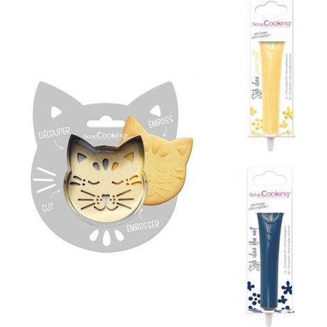 Kit pour biscuit en relief Chat + 2 Stylos au chocolat jaune pastel et bleu nuit