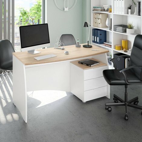 Dmora - Escritorio Davell, Escritorio de oficina, Mesa de estudio porta pc con 3 cajones, 136x67h74 cm, Blanco y Roble (1/5)