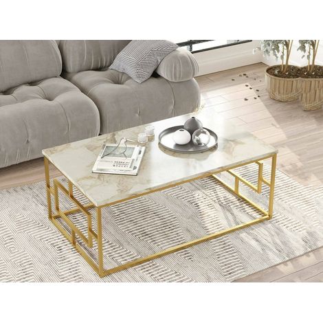 Dmora - Tavolino da salotto Cygnus, Tavolo basso da caffè, Portariviste per divano, Ripiano da soggiorno, 100x60h40 cm, Bianco Marmo e Oro, con imballo rinforzato, con imballo rinforzato (1/5)