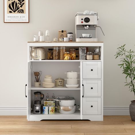 Fortuna Lai – Buffet de cuisine 100 cm – 1 porte, 3 tiroirs, étagères réglables – Rangement ouvert pour salon et cuisine – Blanc (1/5)
