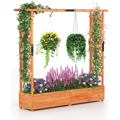 Jardinière Surélevée avec Treillis et Toit Suspendu, Jardinière Exterieur Grande Taille en Bois avec Trou Drainage pour Plante Grimpante, Marron (1/5)