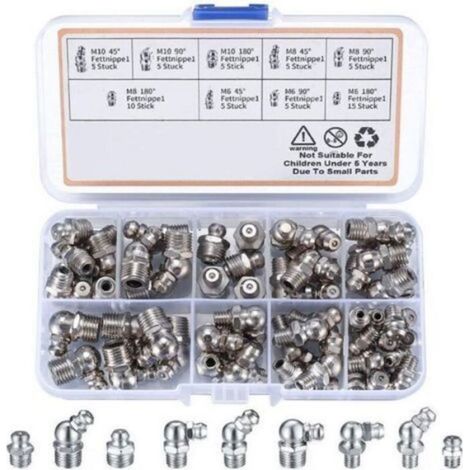 60 Pièces graisseur a Visser, Assortiment Graisseur M6 M8 M10, Droit Graisse Raccord 45° 90° 180°, avec Boîte en Plastique (1/3)