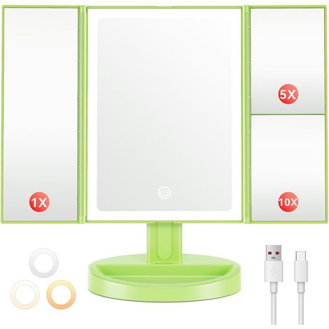Miroir Maquillage Lumineux avec Grossissement 10x /5X /1x, Vert rotatif à 180 °, 68 lumières LED, 3 couleurs réglables, miroir de table avec rangement des cosmétiques pour chambre et bureau (1/5)