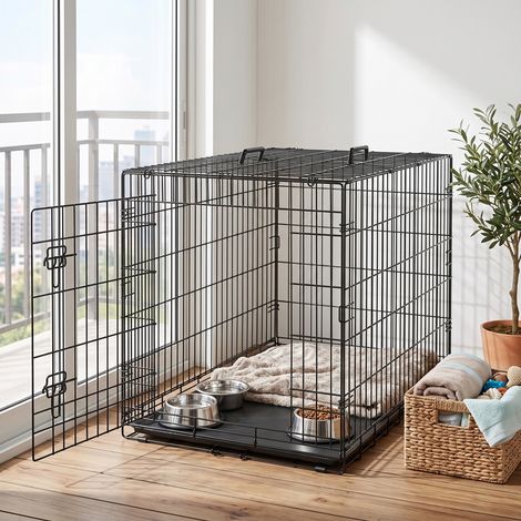 Cage de Transport Pliable pour Chien, avec Plateau en Plastique et 1 Porte, Taille L, Noir (1/5)