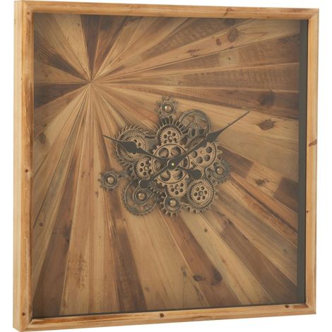 Horloge murale carrée bois naturel style industriel chic - Bois naturel effet vieilli (1/5)