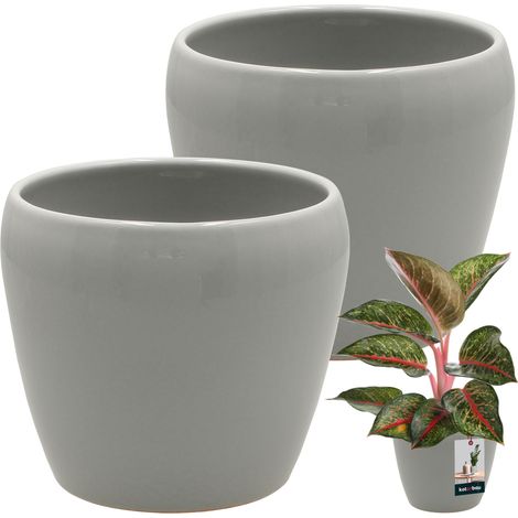 KOTARBAU® 2er-Set Blumentöpfe, 12 cm, grau glasierte Keramik, Blumen- und Kräutertopf, dekorative Abdeckung, Balkontopf