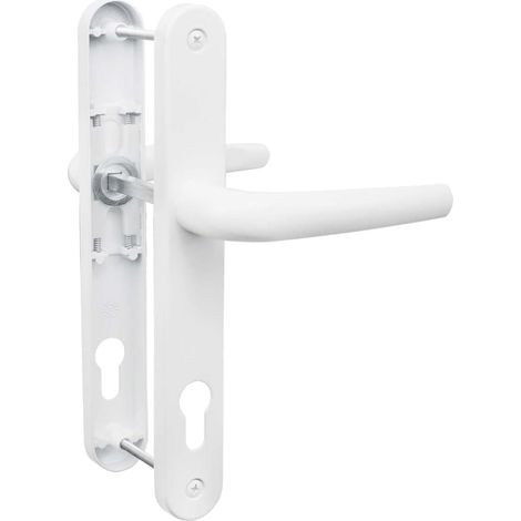 UPVC Türgriff, weiß, 92mm Dornmaß, 210mm Schraubenabstand, 243mm Rückenplatte. Hochwertiges Federsystem. Geeignet für alle UPVC Haustüren, Terrassentüren. (1/5)