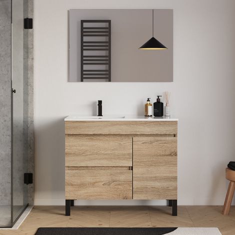 Meuble de salle de bain 100cm sur pieds avec vasque déportée à gauche avec porte et tiroirs - cambrian (chêne clair) - LAZARO (1/5)