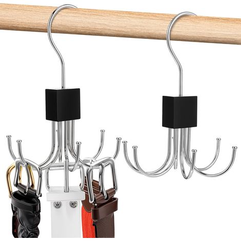 Lot de 2 supports de ceinture, rotation 360°, métal, 12 crochets, organisateur placard (1/4)