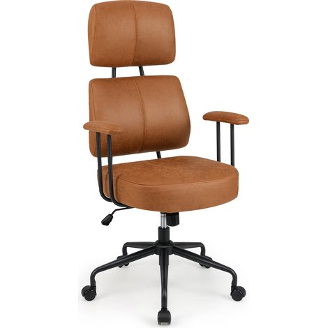 COSTWAY Ergonomic Office Chair Leathaire Computer Chair w/Rocking Backrest-Brown (1/5)