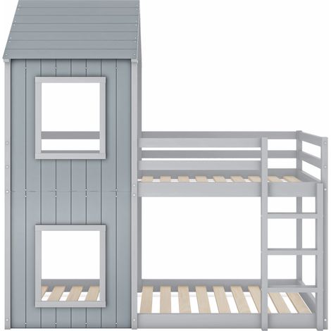 Lit mezzanine enfant cabane gris 90 x 200 cm avec échelle et baldaquin en pin et MDF (1/5)