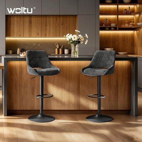 WOLTU Taburetes de bar modernos para cocina – Diseño de chenilla con respaldo calado, giro de 360°, altura ajustable – Gris (Juego de 2) (1/5)
