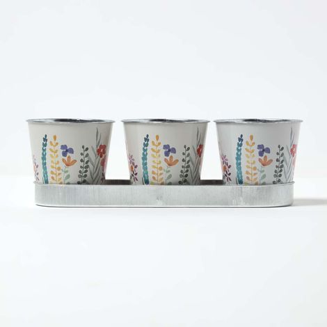 HOMESCAPES Set of 3 Herb Pots with Tray, Multi-Coloured Floral Design (1/5)