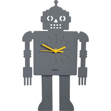Fisura - Originale orologio da parete a forma di robot. Orologio da parete silenzioso 38 x 20 centimetri. Orologio da cucina grigio. Orologio a pendolo in legno e ABS. 2 batterie AA. (1/5)