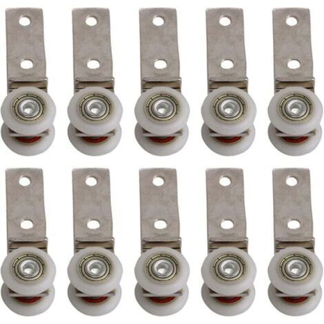 Pack of 10 2.5" x 0.75" angled bearing metal casters with two plastic wheels, suitable for sliding doors, windows and cabinets, 20mm hole spacing. (1/4)