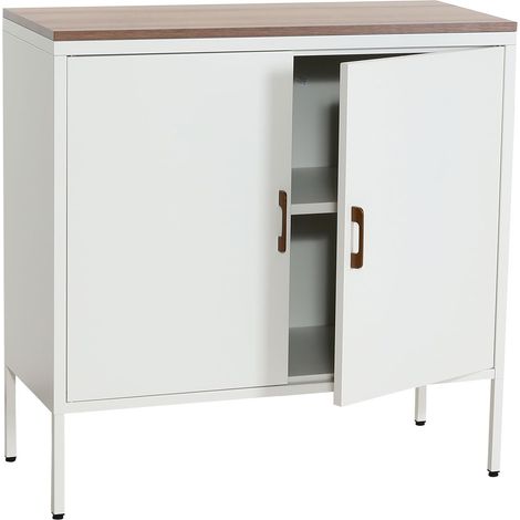Commode meuble de rangement bureau buffet 2 portes métal 90x90x40cm mélaminé blanc plateau MDF 2 compartiments avec portes MED04084