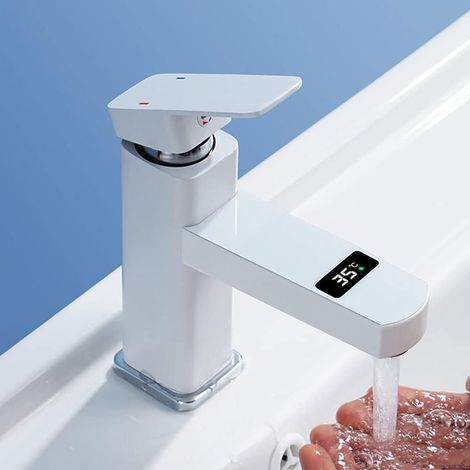 Robinet de salle de bains avec Affichage Numérique de Température Led, Robinets de Bassin à un seul Trou avec dispositif Automatique Intégré de production d’hydroélectricité-Blanc