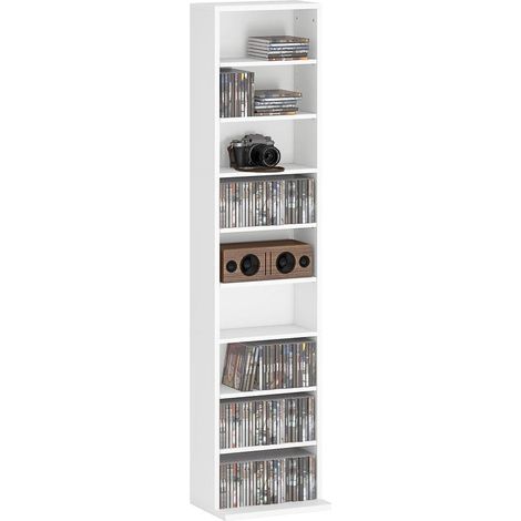 Étagère blanche pour CD et DVD réglable avec système anti-basculement, capacité 260 CD, 33x24x140 cm, design pratique (1/5)
