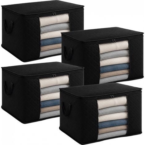 Lot de 4 sacs de rangement pliable pour vêtements, linge de maison avec poignées - Tissu - 60 Litres - Noir - Vivezen (1/5)