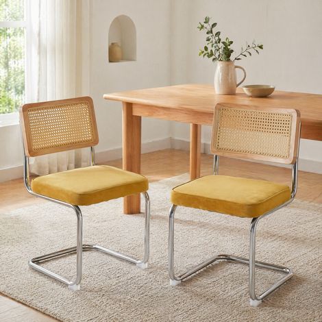 Silla de comedor, lote de 2, terciopelo, respaldo de ratán, base cromada, dorado DESVIAE (1/5)